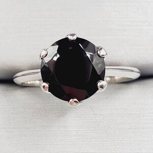 6 Prong Round Black Spinel Solitaire Ring In 925 Sterling Silver